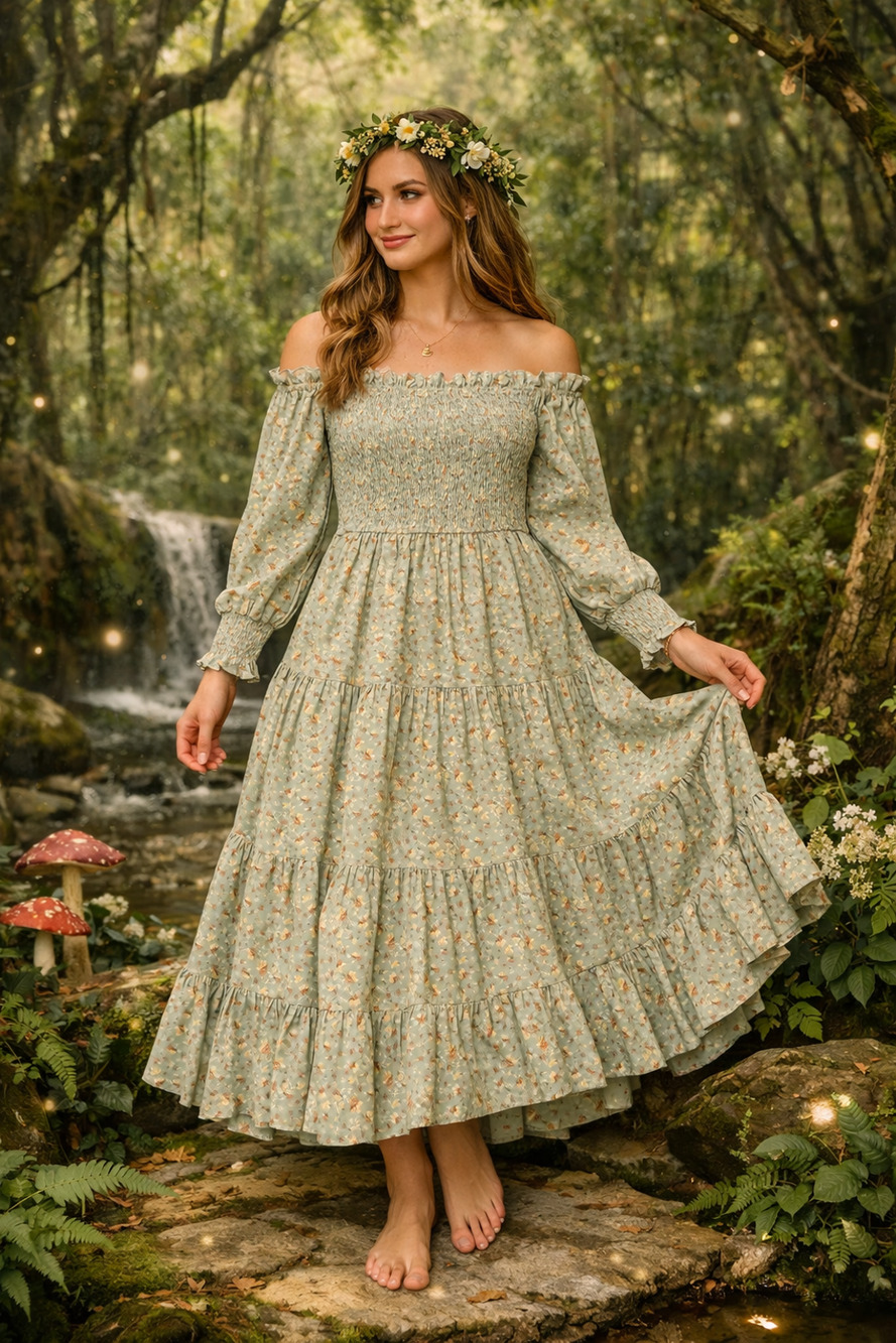 Aura maxi Dress S Sage Floral Smocked Off Shoulder Cottagecore Fairycore Boho